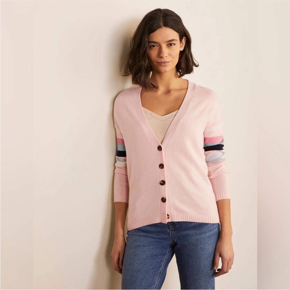 Boden Lennox relaxed Cardigan in Milkshake with multi colored Striped Sleeves